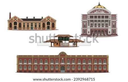 Vector set of famous landmarks of the city of Manaus, Amazonas, Brazil. This vector set includes the Amazonas theater, a famous Amazonas museum, the Provincial's mansion and the chimney power museum