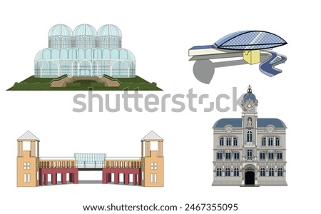 Vector set of famous places in the city of Curitiba, state of Paraná, Brazil. This vector set contains city landmarks such as a famous botanical garden, a museum, a historic building and a famous park