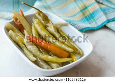 Pickled Green Pepper Pickles in Bowls. Stok fotoğraf © 