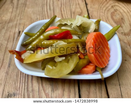 Turkish Pickles Pickled Green Pepper, Carrot and Cucumber in Bowl. Stok fotoğraf © 