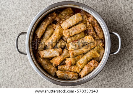 Turkish dolma Lahana Sarmasi / cabbage rolls in a pot. Stok fotoğraf © 