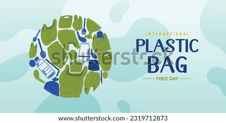 Earth Full Of Plastic Objects, Plastic Bag, Plastic Cup, Bottle, Cutlery, Banner, Vector, Illustration