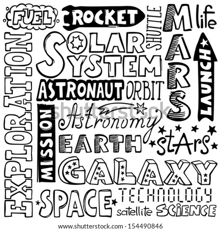 doodles - hand-drawn space text words   - raster copy of vector file