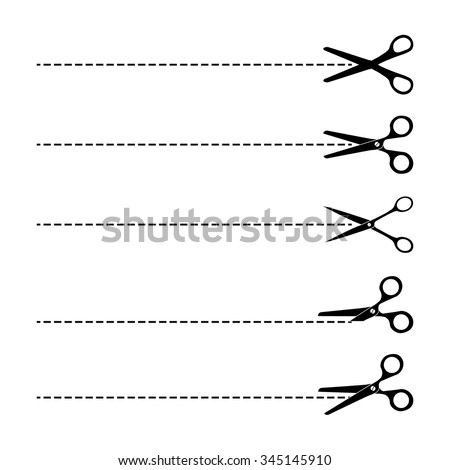 The scissors icon. Cut here symbol. Scissors and dotted line. Flat Vector illustration. Cut Here Scissors. Silhouettes of Vector scissors with 