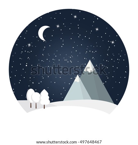 Vector winter wonderland night background. Snowy mountain. Winter time. Starry night sky. The falling snow.