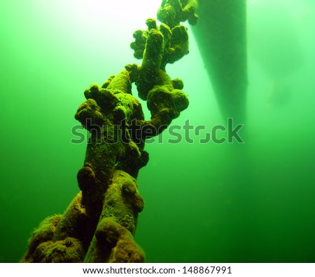 An anchor chain secures an old log in a lake.