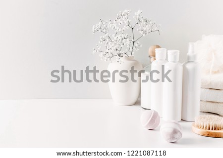 Similar – Image, Stock Photo Set of white cosmetic bottles with soft shadows on light blue background. Home and beauty salon care concept, mock up, copy space, beauty industry banner, flyer, coupon, healthcare