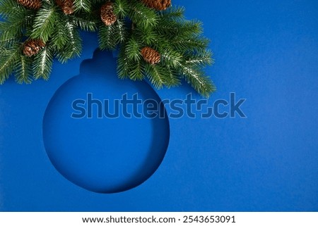 Similar – Image, Stock Photo Christmas composition. Round frame of red and golden Christmas baubles and festive ribbons on dark background, top view