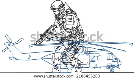 Continuous one line art vector minimalist: soldier at war battlefield call of duty combat military