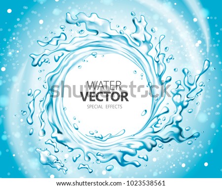 Water special effect, vortex shape splashing water in 3d illustration on glitter blue background