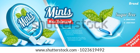 Mints gum ads, freshen breath product with mint leaves isolated on blue background, gum with cool fillings