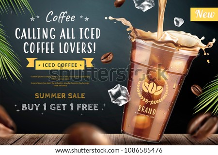 Iced coffee pouring down into a takeaway cup on blackboard background with flying coffee beans in 3d illustration