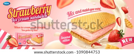 Strawberry ice cream sandwich with wafer cookies and splashing cream illustration, foil bag on light pink background