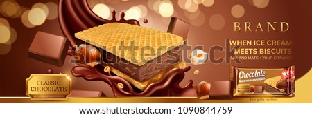 Hazelnut chocolate ice cream sandwich with wafer cookies and splash sauce illustration, glitter brown background