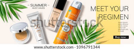 Summer must-have products on geometric background with tropical leaves in 3d illustration