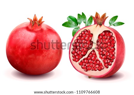 Ripe pomegranates with leaves isolated on a white background in 3d illustration
