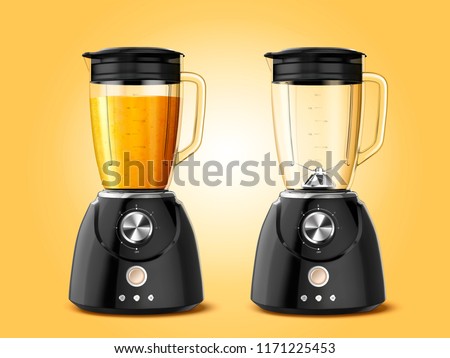 Set of juicer blender appliances in 3d illustration, one full of juice and the other one is empty