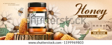 Natural honey product with beehive on tree trunk section platform in 3d illustration, white flower woodcut background