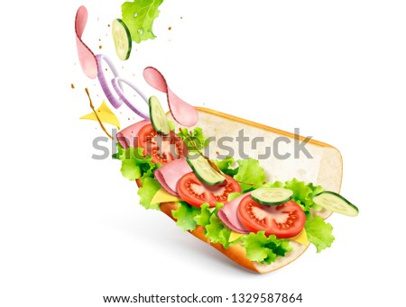 Submarine sandwich with flying fresh ingredients on white background, 3d illustration