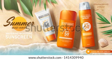 Sunscreen ads on beautiful beach and tropical plants decorations in 3d illustration, top view