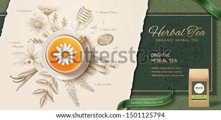 3d illustration herbal tea in top view perspective, engraving style herbs ingredients background