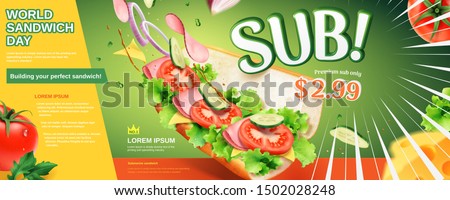 Fresh submarine sandwich ads with rich vegetables on green background in 3d illustration