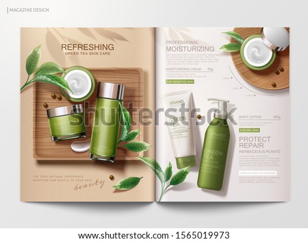 Refreshing green tea skincare product magazine template with flat lay angle in 3d illustration