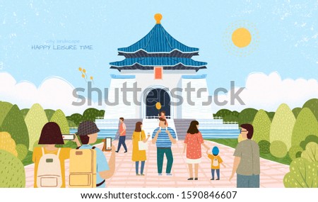 City landscape Chiang kai shek memorial hall touring illustration in hand drawn flat style, Taiwan travel concept