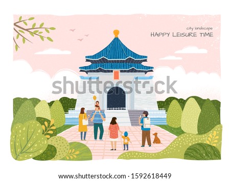 City landscape Chiang kai shek memorial hall touring illustration in hand drawn flat style, Taiwan travel concept