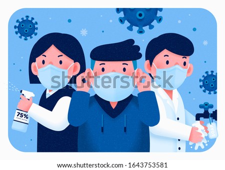 People fight for health with wearing face mask, washing hands and using sanitizer, COVID-19 illustration
