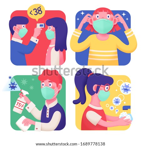 4 effective COVID-19 precaution tips of body temperature check, wearing masks, disinfecting settings and washing hands frequently