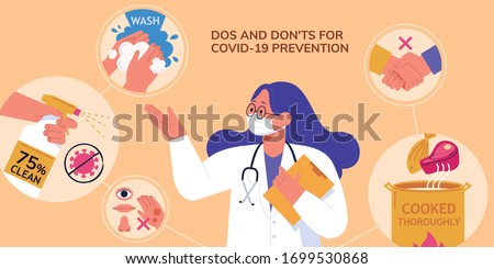 A professional doctor demoing dos and don'ts of avoiding coronavirus transmission during COVID-19 pandemic, in flat design 商業照片 © 