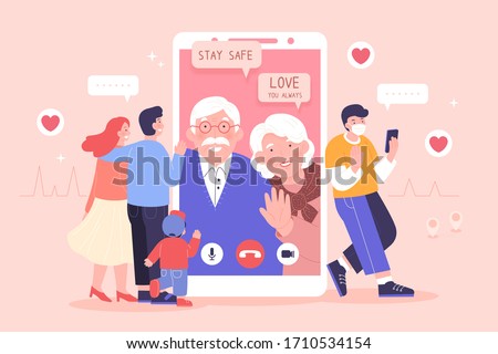 Young family having a video chat on smartphone with their grandparents and they both wishing the best for their loved ones