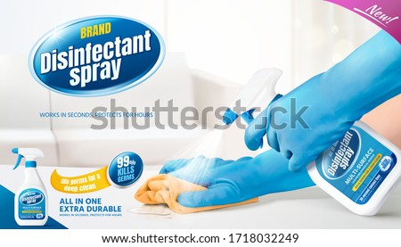 Disinfectant spray ad template, realistic bottle held in hand spraying disinfectant on white table with a rug cleaning the surface, 3d illustration