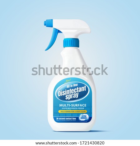 Package design for disinfectant spray or multi-surface spray in side view, isolated on light blue background, 3d illustration