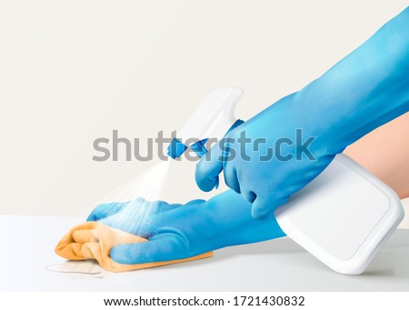 3d illustration of realistic hands holding trigger spray bottle and using rug to do cleansing on white table