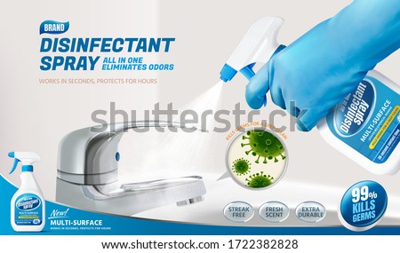 Disinfectant spray ad template, realistic bottle held in hand spraying disinfectant on shiny washbasin with closeup of bacteria, 3d illustration