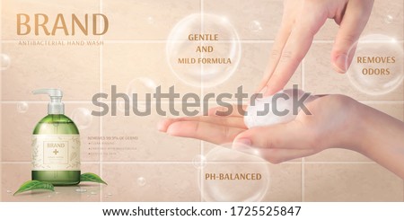 3D illustration of hand wash ad template, realistic young woman lathering hands by rubbing them together, on beige tile baclground