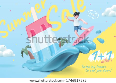 Sale promotion template for icy treats, with cute boy surfing on melting popsicle waves, 3d illustration Foto stock © 