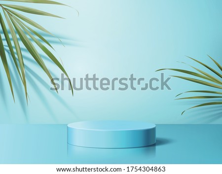 Product display podium decorated with tropical palm leaves on aqua blue background, 3d illustration