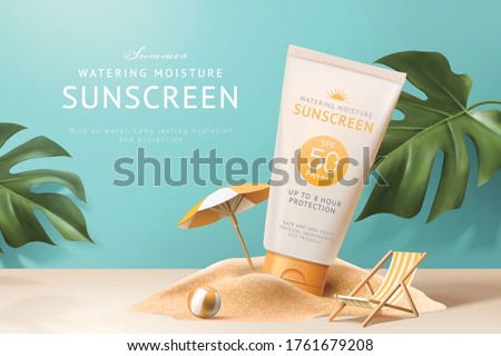 Ad template for summer products, sunscreen tube mock-up displayed on sand pile with monstera leaves, 3d illustration