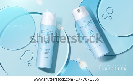 Cosmetic product ad with transparent circle disks, concept of light textured sunscreen, 3d illustration