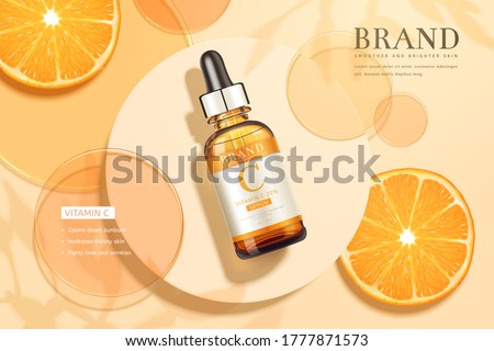 3d illustration of beauty product ad, designed with circular disks, sliced tangerine, and realistic dropper bottle, summer skincare concept