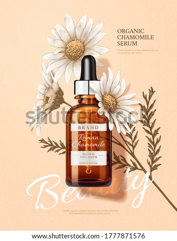 3d illustration of beauty product ad, designed with engraving chamomile and realistic dropper bottle, natural skincare concept