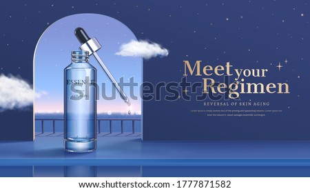 3d illustration of skincare product ad, surreal background design of night view through window with cloud flying aside