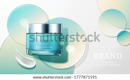 Cosmetic product ad with transparent circle disks, concept of light textured and moisturizing face cream, 3d illustration