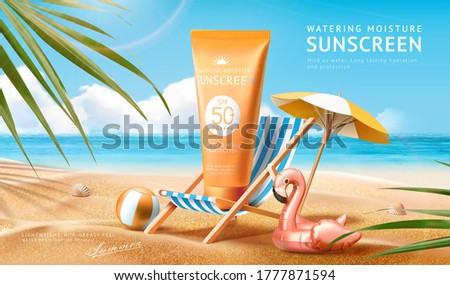 Sunscreen ad template with palm leaves and summer beach scene design, 3d illustration
