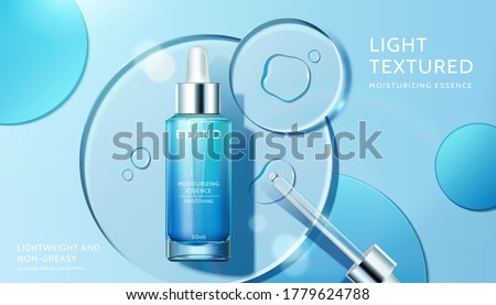 Cosmetic product ad with transparent circle disks, concept of light textured and moisturizing face serum, 3d illustration