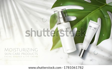 3d illustration of luxury beauty product ad, concept of simple skincare, mock-ups set on marble table with monstera leaf