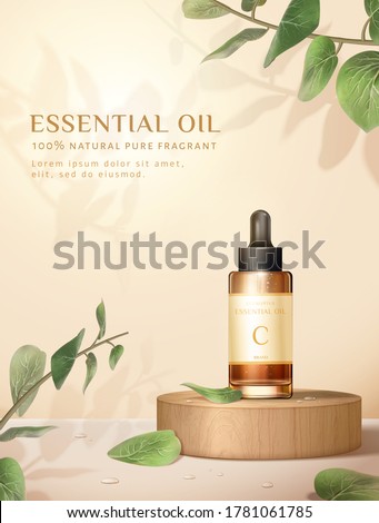 Beauty product ad, concept of natural skincare, dropper bottle mock-up set on wooden block with eucalyptus leaves